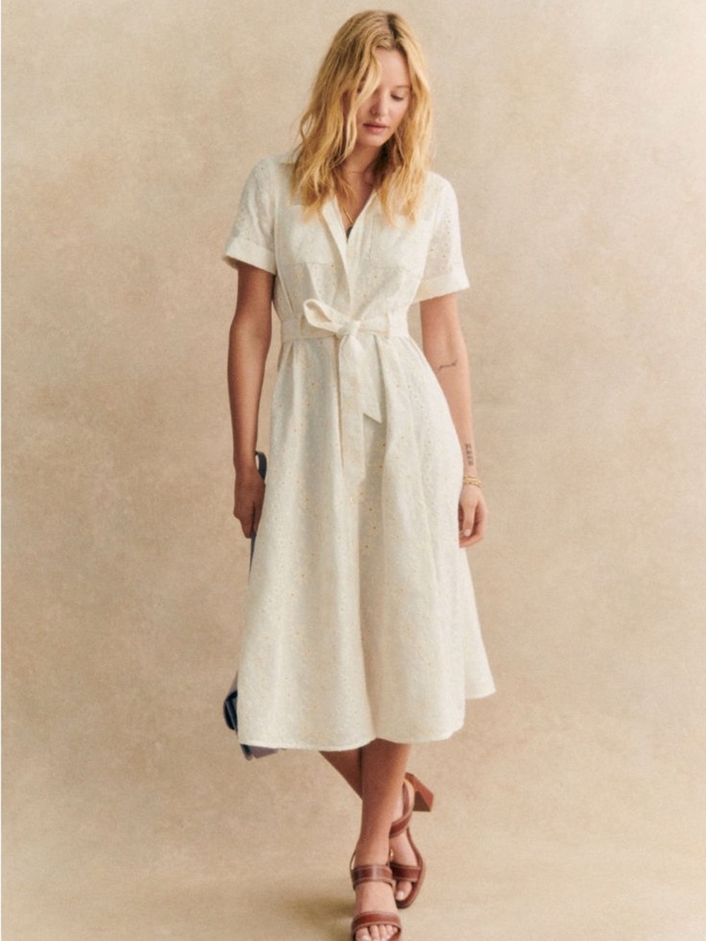 Sézane Adèle Ecru Broderie Anglaise Midi Shirt Dress with Waist Tie (Sz S)
